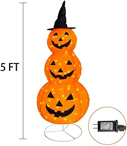 FUNPENY Halloween Collapsible Pumpkin Decorations, Pre-Lit Light Up Pumpkin with Hat, Pop Up Jack-o-Lantern with Metal Stand for Indoor Outdoor Yard Holiday Decor (5FT Pumpkin)