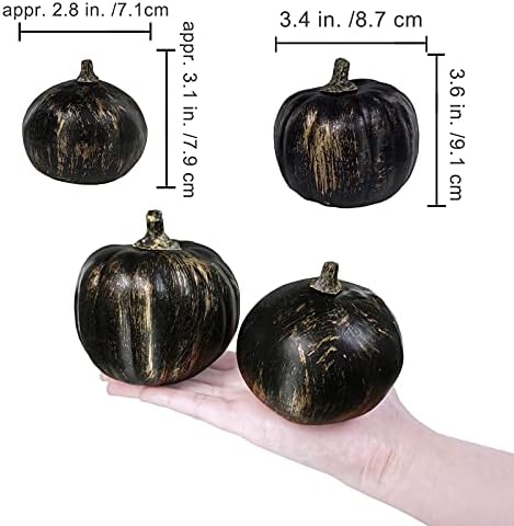Winlyn 7 Pcs Assorted Artificial Gold Brush Black Pumpkins Rustic Decorative Halloween Faux Foam Pumpkins for Fall Halloween Thanksgiving Tabletop Centerpiece Mantel Kitchen Decor