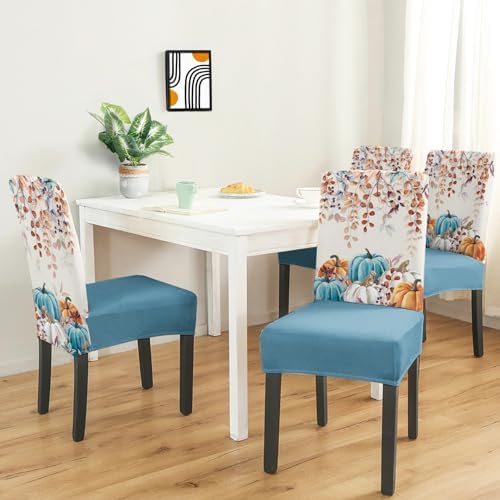 Fall Chair Covers Set of 4,Thanksgiving Parsons Chair slipcovers,Fall Pumpkin Kitchen Dining Room Decor Chair Seat Cover Protectors(Blue Pumpkin,4 Pack)