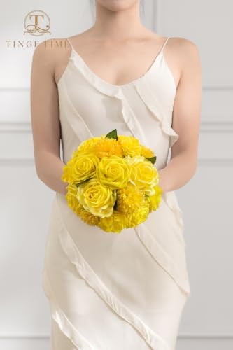 TINGE TIME 23pcs Artificial Wedding Flower Combo, Rose Pompon Mums Yellow