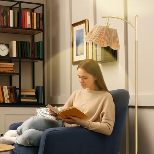 Ambimall 60" Floor Lamps for Living Room with 3 Color Temperatures, Gold Floor Lamp with Rattan Shade, Modern Tall