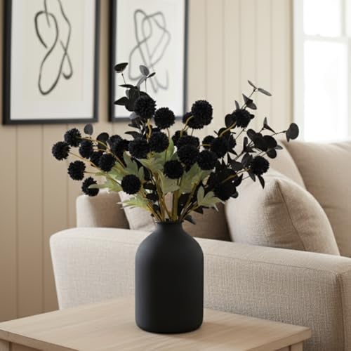 12 Black Artificial Flowers & Eucalyptus Long Stems, Halloween Decor