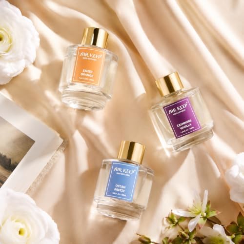 Airkeep Reed Diffuser Set of 3, Ocean Breeze Sweet Orange Cashmere Vanilla Oil Reed Diffusers for Bedroom Living Room