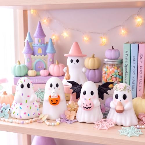 Simgoing 5 Pcs Pastel Ghost Figurines Cute Pink Halloween Decorations