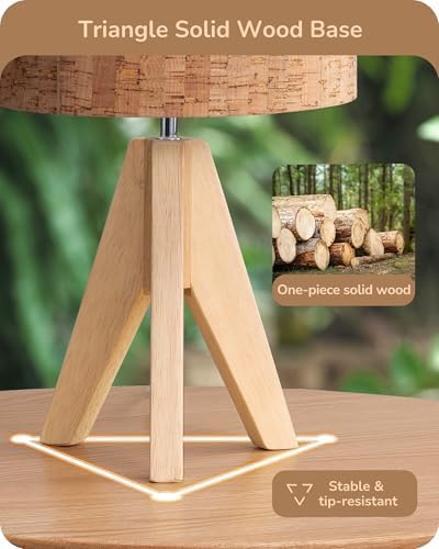 EDISHINE Small Table Lamp, Wood Tripod Nightstand Lamp, Bark Linen Shade