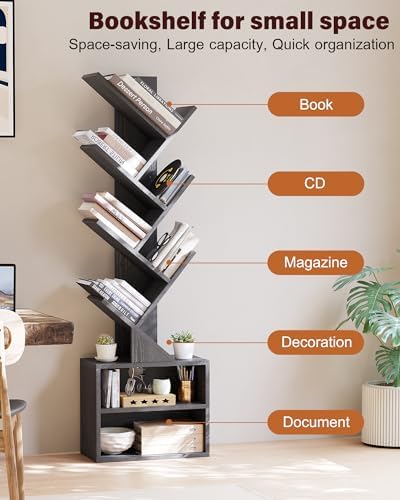 SUNMORY 6 Tier Tree Bookshelf, Tall Small Bookcase with Storage Cabinet