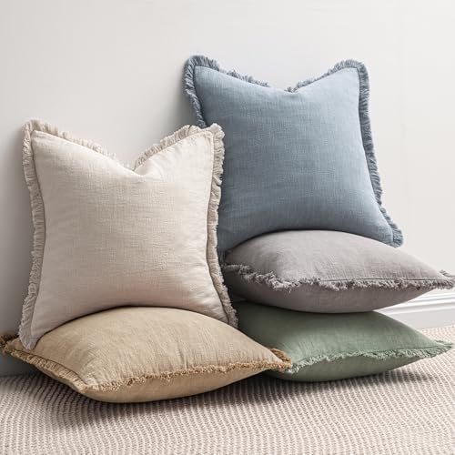MIULEE Boho Linen Fringe Decorative Throw Pillow Covers Light Blue 18x18