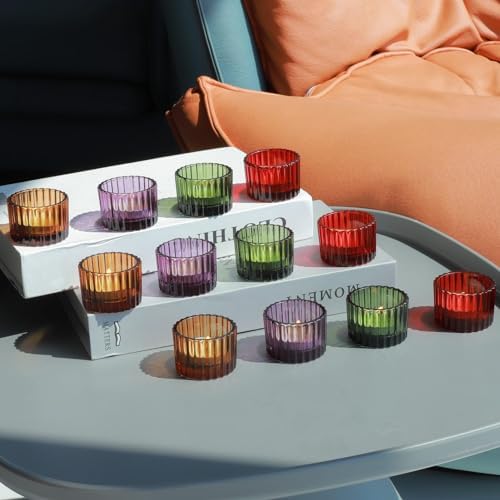 VOHO 4 Colors Tealight Candle Holder Fall Decor, Set of 12 Glass Votives