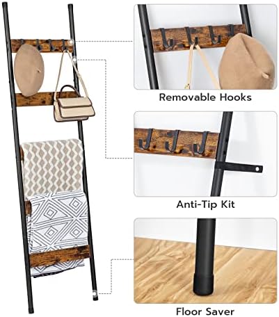 HOOBRO Blanket Ladder, 5-Tier Towel Rack with Hooks, Wall-Leaning Blanket Rack, Decorative Display Ladder Shelf, for