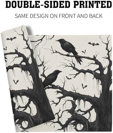 Crow Halloween Placemats Set of 4 18x12 Inch Ravens and Bats in Forest Linen Place Mats Heat-Resistant Washable Wipeable Holiday Table Mat for Party Kitchen Dining Room Dinner Table Decor
