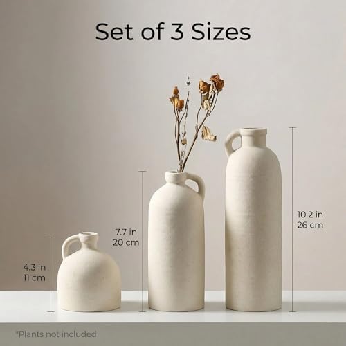 Flower Vase Set of 3, Ceramic Home Decor for Living Room - Modern Rustic Farmhouse Centerpiece for Table, Shelf &