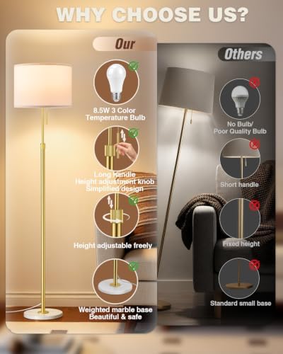 Ambimall Height Adjustable Modern Gold Floor Lamp, Gold & White