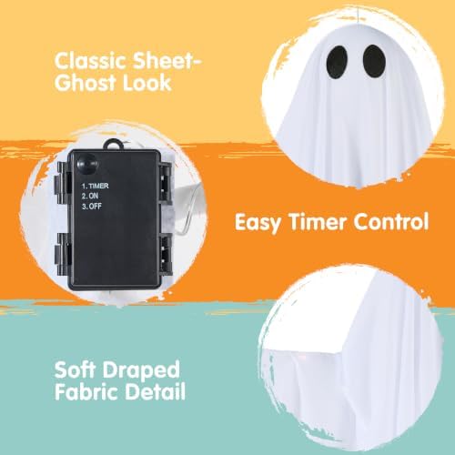 JOYIN 3Pcs 35” Light Up Halloween Decorations Outdoor, Tree Hanging Ghosts with Warm White LED Lights and Timer for Tree Front Yard Patio Lawn Garden Party Décor and Holiday Indoor Outside Decorations