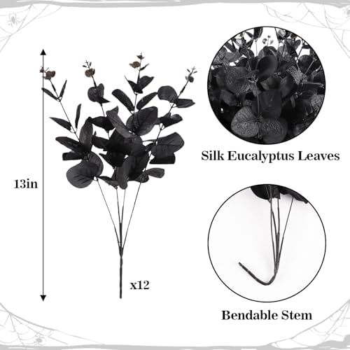 12 Pcs Black Eucalyptus Stems, 13" Fake Flowers DIY Black Silk Artificial Flowers Faux Spooky Branches for Home Halloween Farmhouse Gothic Floral Arrangements Decor