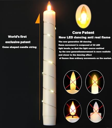 Flameless Cone Candle with Built-in Star String Light, 11-Button Remote Control, Timer, Battery Powered, Simulated Flame, 3-Pack Window Candle, Christmas Home & Wedding Decoration (White, red, Blue)
