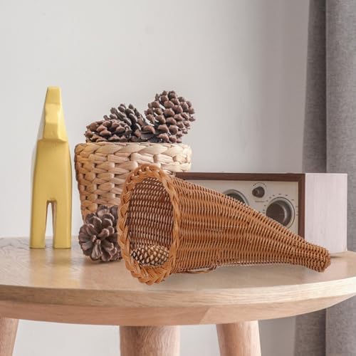 jojofuny Fall Cornucopia Basket: Thanksgiving Horn of Plenty for Harvest Autumn Table Decoration - Hand-woven Rattan Horn Basket for Christmas Table Centerpieces