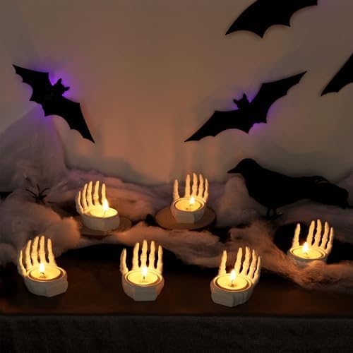 FORUP 6 Pack Skeleton Hand Tea Light Candle Holders, Halloween Candle Holder, Halloween Home Table Decoration, Dia.1.57", White