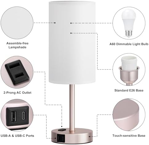 17.4" Antique White Lamp for Bedroom - Dimmable Touch, USB A+C, AC Outlet