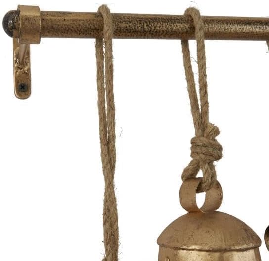 Deco 79 Metal Decorative Cow Bells Tibetan Inspired with 12 Bells on Jute Hanging Ropes and Rod, 48" x 6" x 20", Gold