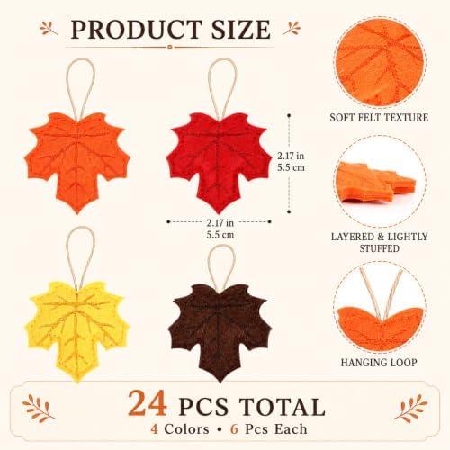 24 Pcs Fall Felt Dark Maple Leaves Hanging Ornaments Autumn Tree Decor