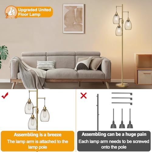 Dimmable Floor Lamp, 3 x 800LM LED Edison Bulbs Included, Farmhouse Industrial Floor Lamp Standing Tree Lamp with