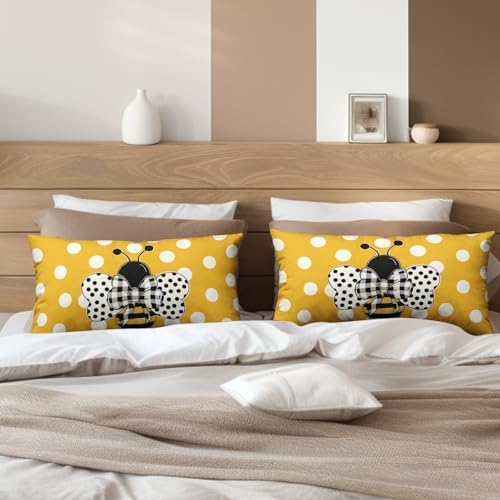 Lumbar Pillows Covers 12x20 Set of 2 Spring Summer Farmhouse Decorative Bumble Bee Polka Dots Throw Pillow Cover Yellow Honey Bee Rectangle Waist Cushion Case for Outdoor Couch Patio