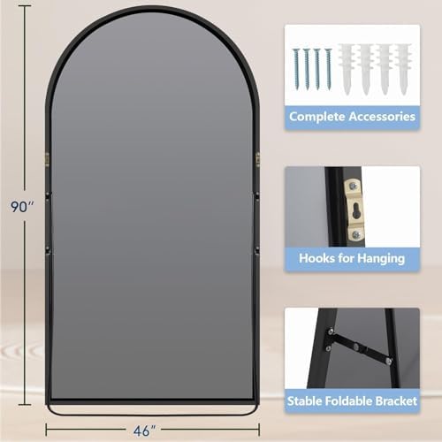 Prywot Full Length Mirror, Oversized 90"x46" Arched-Top Floor Mirror, Black