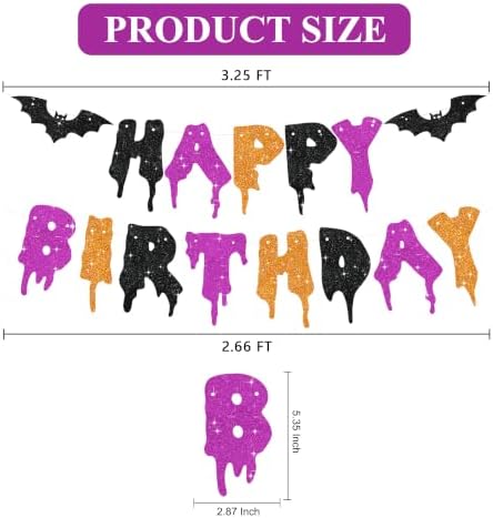 Glitter Happy Birthday Halloween Banner - NO DIY - Halloween Hanging Paper Garland Bunting Banner Decorations, Party Supplies for Kids Boy Girl Birthday Black Purple Orange