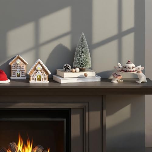Braxio Indoor Christmas Decorations Gingerbread House Kit 2PCS with LED Light - 3 Inch Miniature Resin Houses for Indoor Home Decor, Family Room Aesthetic