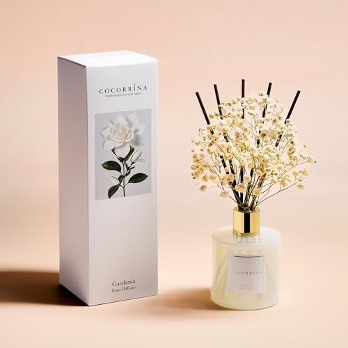 COCORRÍNA Reed Diffuser - Gardenia 6.7 Fl.oz Reed Diffuser Set with Sticks & Preserved Baby's Breath, Reed Diffuser for