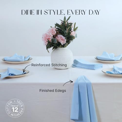 Cloth Napkins Set of 12, 100% Cotton Dinner Napkins for Thanksgiving, Christmas & Fall Entertaining, Washable Reusable Table Linens for Wedding & Everyday Use, 18 x 18 Inch, Light Blue