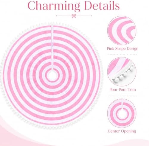 30 Inch Pink and White Christmas Tree Skirt with Pom Poms