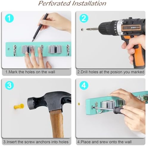 OUTNILI Turquoise Mop Broom Holder Wall Mount with 4 Slots & 4 Hooks - Wood Broom Mop Hanger for Pantry Closet Laundry