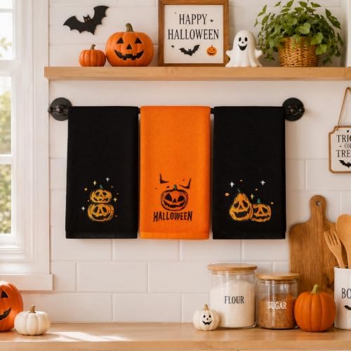 MelonBoat Halloween Hand Towels 3 Pack, Embroidered Pumpkin Halloween Kitchen Towels for Bathroom Kitchen, Soft Absorbent Halloween Hand Towels, Halloween Decor Indoor for Home, 13.7"x29.5"