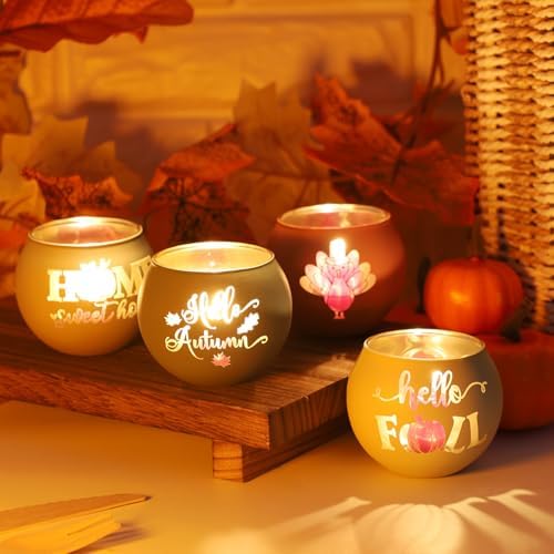 8 Pack Fall Votive Candle Holders, Glass Tealight Holders, 8 Patterns