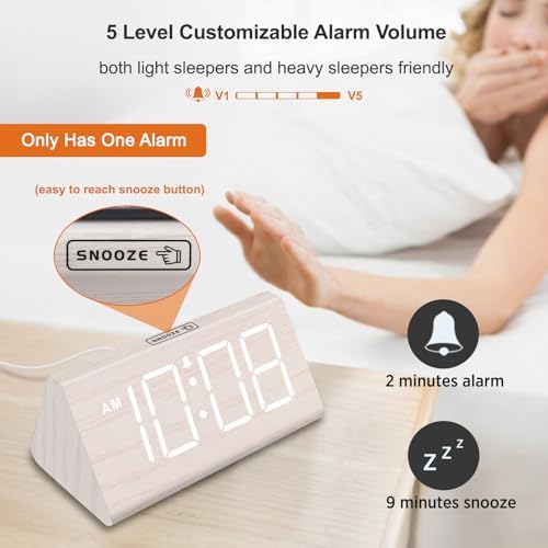 DreamSky Wooden Digital Alarm Clock for Bedrooms with Large Numbers