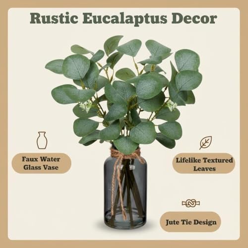 Artificial Eucalyptus Stems in Glass Vase / Black