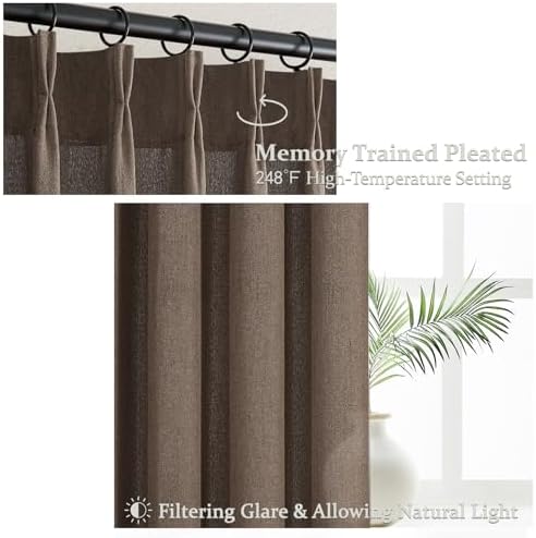 Extra Long 108 Inch Dark Brown Floor to Ceiling Curtains for Living Room, Memory Shape Pinch Pleated Thick Linen Modern