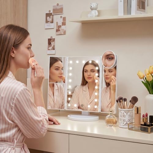 HUONUL 2X/3X/10X Magnifying Vanity Mirror with Light, Trifold Makeup Mirror