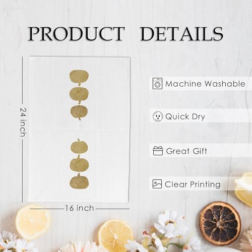 Gold Fall Pumpkin Decor Kitchen Towels and Dishcloths Set of 2, Fall Hand Towels for Bathroom, Gold Autumn Thanksgiving Farmhouse Pumpkins Decorative Dish Tea Towels for Dorm Bathroom, 16×24