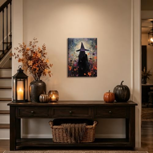 ILLBDR Halloween Witch with Flowers Canvas Wall Art 12x16 inch