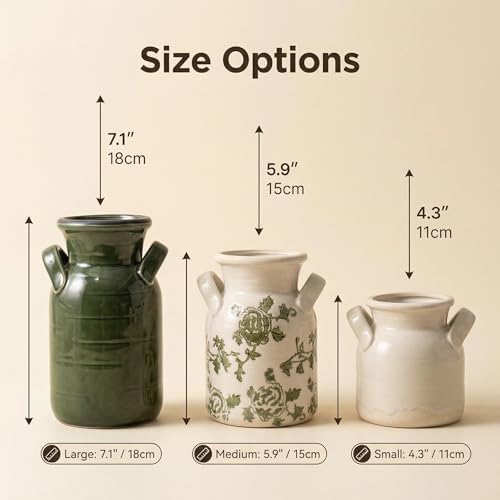 Ceramic Vase Set of 3 with Two Handles, Green White Neutral Rustic Modern Farmhouse Boho Decor, Versatile as Table