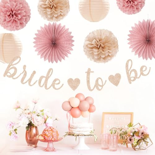 Blush-Pink Rose-Gold Bridal-Shower Fall Party-Decorations - 31pcs Bride to Be Sign Banner,Bachelorette Paper Lanterns,Wedding Streamers Garland,Boho Peach Tissue Pom Poms Fans Decor Supplies Burgleda