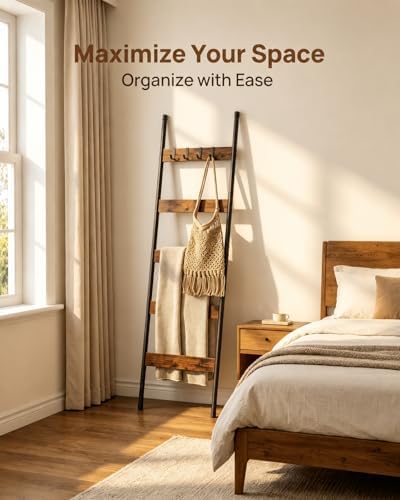 HOOBRO Blanket Ladder, 5-Tier Towel Rack with Hooks, Wall-Leaning Blanket Rack, Decorative Display Ladder Shelf, for
