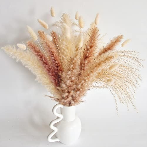 Natural Dried Pampas Grass Decor - 110 Pcs, Contains White Bunny Tails, Artificial Flowers for Bathroom, Office and