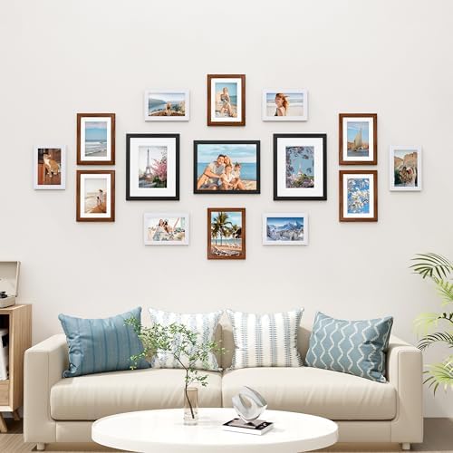 Vittanly 15 Pack Gallery Wall Frame Set, Black, Walnut Brown, White
