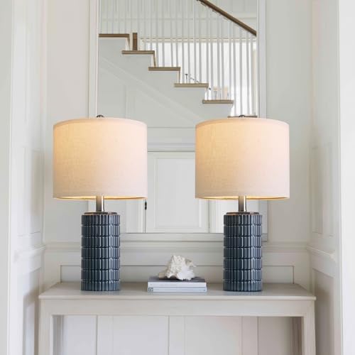 PoKat 20.75" Small Blue Table Lamps, Farmhouse Bedside Lamps for Bedroom Set of 2, Ceramic End Table Lamps for Night