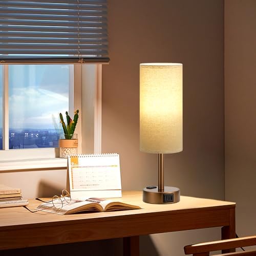 Fenmzee Brown Bedside Lamp for Bedroom, Dimmable Touch, USB A+C, AC Outlet