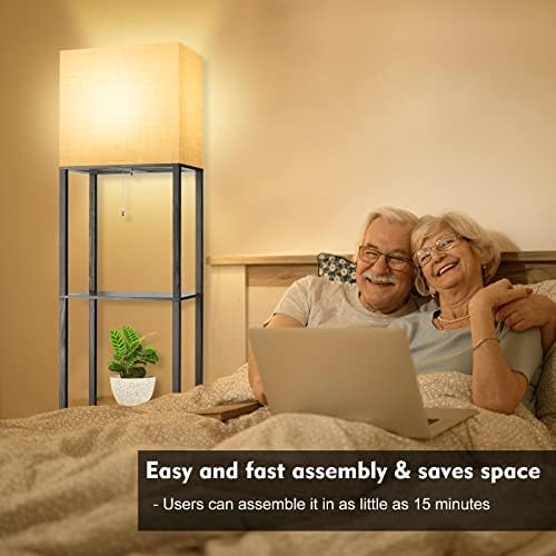 RUNTOP Plus Floor Lamp with Shelves, Shelf Lamp with 15W LED Bulb, 3 Colors, Memory Function, Wide Display Shelf for