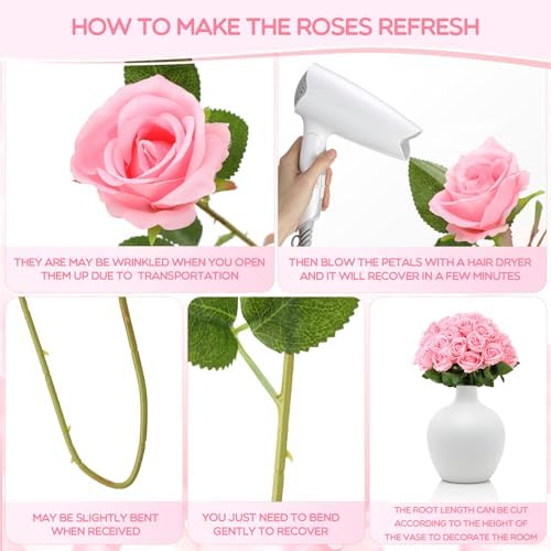 Jexine 100 Pcs Artificial Roses Flowers Bulk, Pink